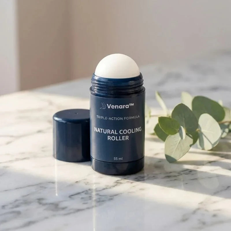 Venara cooling roll-on – roller and cap on marble